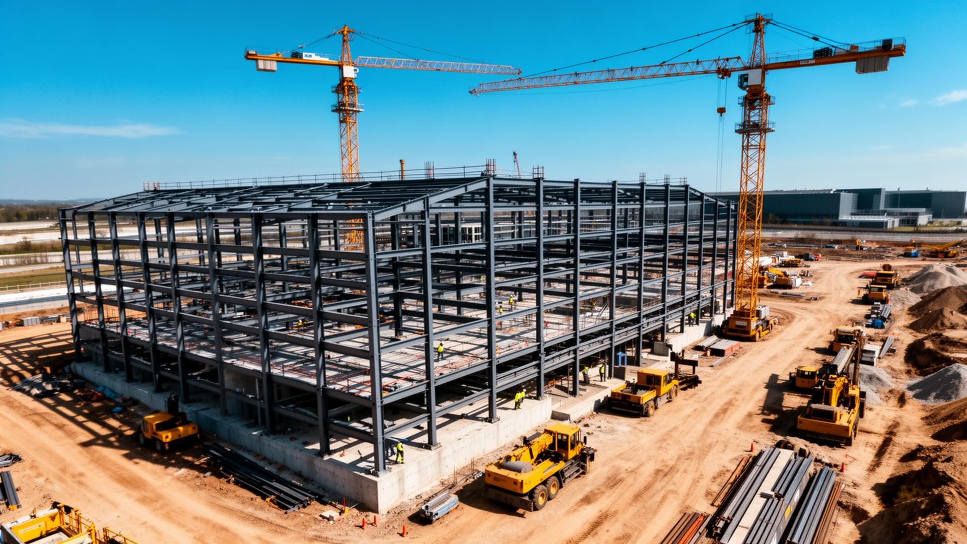 Construction site with steel structures